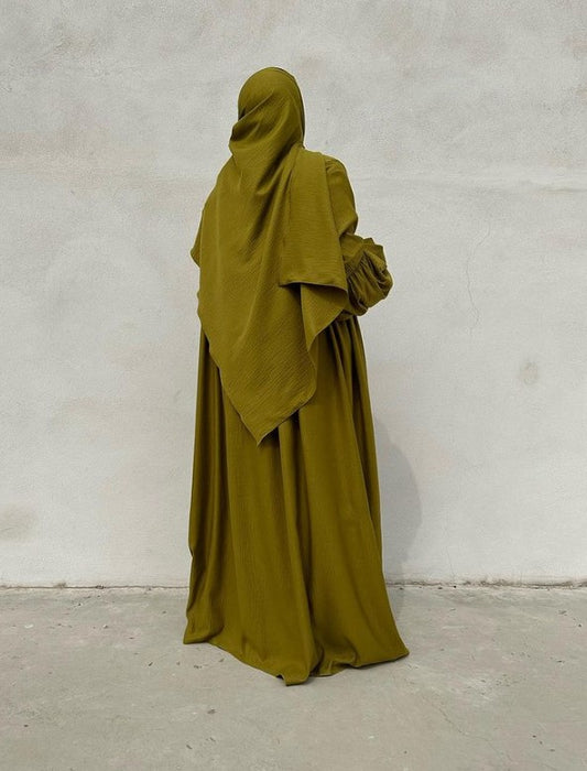 Abaya Chloé en été (linen) Olive Intense incl Hijab - Faraasha Collection